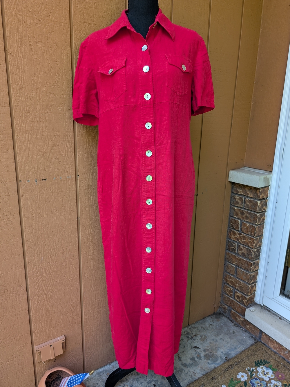 ​Vintage Virgo II Red Linen Blend Button-Down Maxi Shirt Dress Size 10